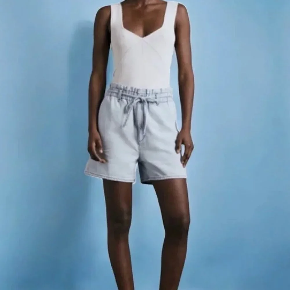 rag & bone Light Indigo Linen Tie Shorts Size 29 Cotton Linen Blend High Rise - Picture 2 of 10